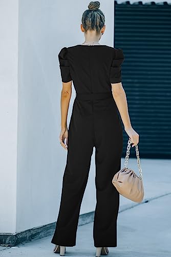 Blencot Black Jumpsuit For Women Short Sleeve Casual V Neck Belted Wide Leg Formal Rompers Jumpsuits X-Large #TOP2
