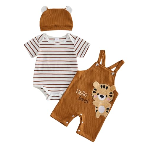 Image of Nibbcoa Baby Boy Clothes Set Infant Striped Short Sleeve Bodysuit Top Animal Suspender Shorts Newborn Summer Outfit
