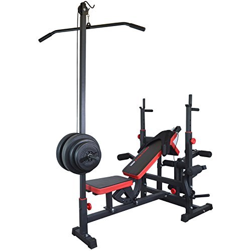 Train Hard Multifunktion Hantelbank Kraftstation inkl. Latzug, Bauchtrainer, Armcurl und Beincurl mit Hantelset aus Langhantel, Curlhantel und Stange Gewichten 50kg bis 160kg