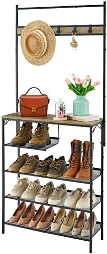 Hoctieon 5-Tier Freestanding Coat Rack with Adjustable Mesh Slant, Sturdy Hall Tree Designed for Boots Storage and Shoes Storage, Multifunctional Shoe and Coat Rack for Entryway, Greige