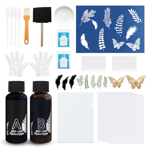 Cyanotypie Cyanotype Sensitizer Set Cyanotype Kit Kommt mit Federn Pflanzen und Anderen Materialien und Werkzeugen Geeignet für DIY Kreationen wie Baumwolltaschen und Fotos