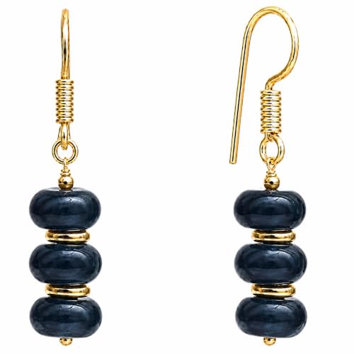 Image of Gempires Natural Gemstone Rondelle Bead Earrings for Women | 8mm Beaded Drop Dangle Earrings | Gold Plated Hypoallergenic Hook Jewelry | Handmade Lightweight Crystal Earrings (Blue Sapphire)
