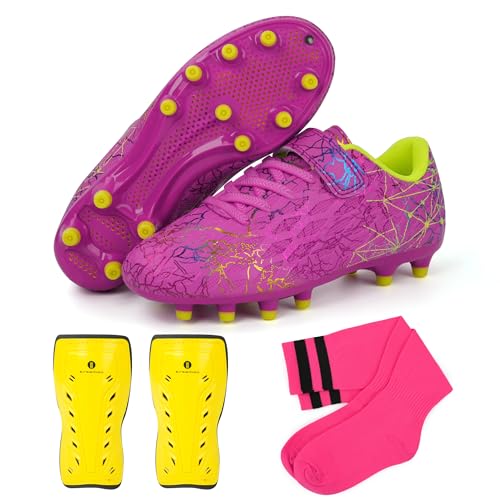 JABASIC Kinder Fussballschuhe Jungen Mädchen mit Schienbeinschonern und Fußballsocken (28EU,Magenta)