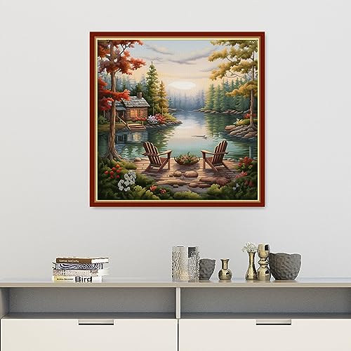 Image of Findvoor Stamped Cross Stitch Kits for Beginners Full Range of Cross Stitching Embroidery Pattern for Adults, 11CT DIY Needlepoint Embroidery Starter Kits-Rest Lake 17.7x17.7 inch