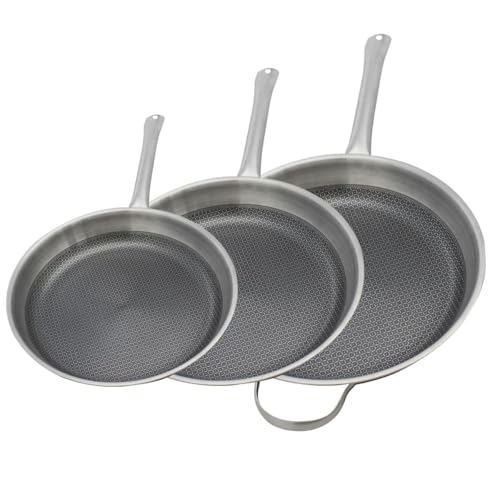 Elo 9349950 Lot de 3 Poêles 24, 28 et 32 cm en Acier Inoxydable 18-10, Poêle sans PFAS, Antiadhésive, Induction, Revêtement Antiadhésif Minéral sans PFAS, Inox 18-10, Aluminium, Gris, 24, 28 et 32 cm