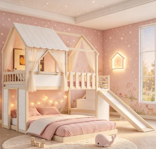 Image of Bellemave Bunk beds Twin Over Full with Slide,Storage Staircase,House roof Design,Low bunk /loft Bed for Kids,Beige