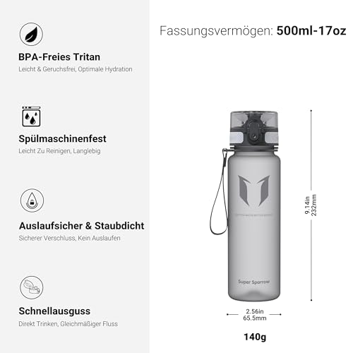 Super Sparrow Trinkflasche - Tritan Wasserflasche - 500ml - BPA-frei - Ideale Sportflasche - Sport, Wasser, Fahrrad, Fitness, Uni… – Ansicht 3
