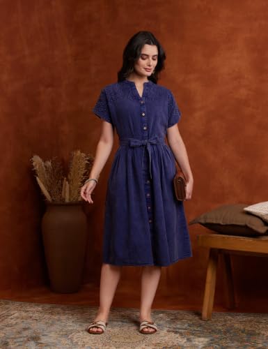 Image of Amazon Brand - Myx Women's Embroidered Shirt Dress | Cotton Blend | Below The Knee (Available in Plus Sizes)