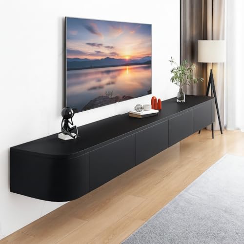 FGNIXLN Floating TV Unit 120-300CM Wall Mounted TV Cabinet Floating TV Stand with Flip-Down Doors & Drawers Modern TV Media Console Center Large Storage TV Bench (Black 140CM)