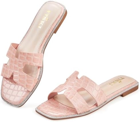 Sandals for Women 2025 Dressy Cute Summer Flat Slides Comfortable Soft Leather for Ladies Casual Square Open Toe Slip On Beach Sandals