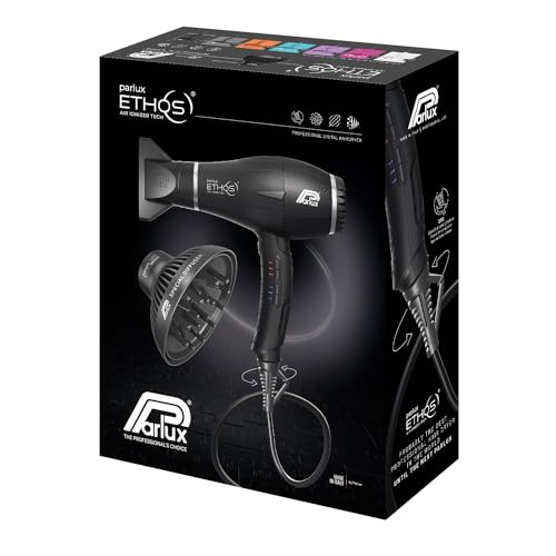 Parlux Ethos® Pack Con Diffusore Magic Sense, Asciugacapelli Digitale Professionale Con Ioni Negativi, 9 Combinazioni Di Velocità E Temperatura, Cavo Girevole Brevettato, Potente E Leggero, Nero - 3