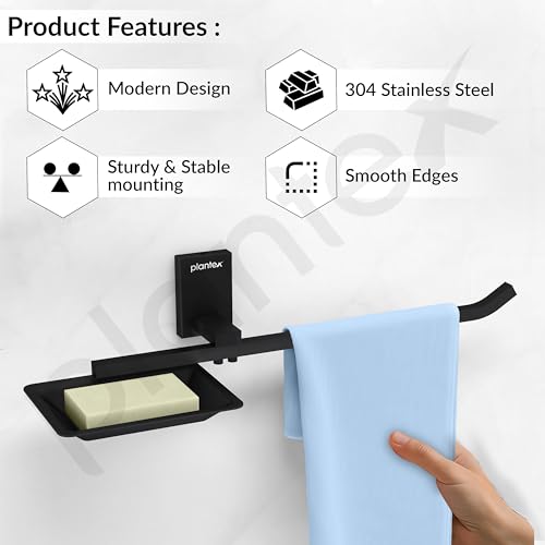 Image of Plantex 304 Grade Stainless Steel Soap Dish with Napkin Ring /Soap Stand /Soap Holder /Napkin Holder /Towel Hanger for Bathroom /Bathroom Accessories - Pack of 1 (Crystal, Black)