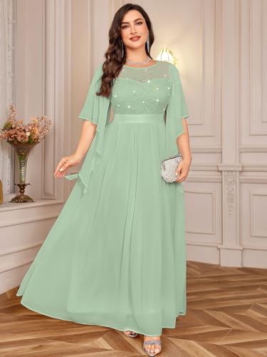 Image of Miusol Women's Plus Size Sequin Lace with Ruffle Cape Cloak Sleeves Elegant Evening Gown Wedding Guest Maxi Dress