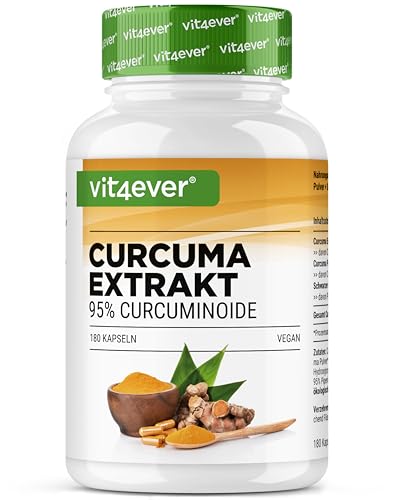 Extracto de cúrcuma - 180 cápsulas - Alta dosis con 500 mg de curcumina por dosis diaria - Con un 90% de contenido en curcumina - Sin aditivos indeseables, vegano