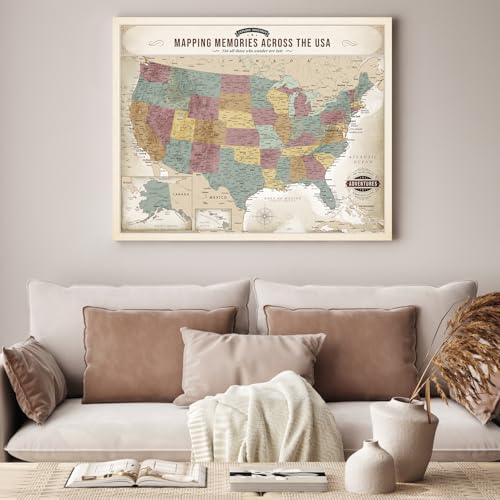 Image of DECORARTS - Push Pin Travel Map USA, US Maps for Wall, Soft Vintage Pastel United States Pin Board Canvas Wall Art, Giclee Print on Canvas, Handcrafted in USA, 30x24''