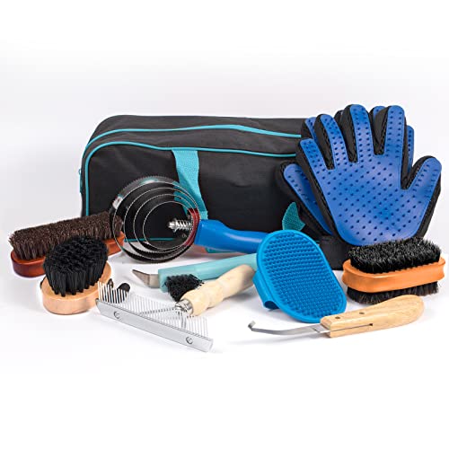 Rupxinsplend Horse Grooming Kit 11Pcs-Portable - Horse Brushes Set & Curry Combs, Sweat Scraper, Grooming Gloves, Hoof Pick, Hoof Knife, Horse Care Kit Equine Grooming Tool Set Horse Kit For Horse Cleaning Blue Tote #TOP7