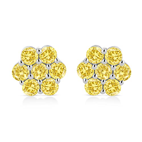 .925 Sterling Silver 1/4 Cttw Treated Yellow Diamond Floral Stud Earrings (Yellow Color, I1-I2 Clarity)