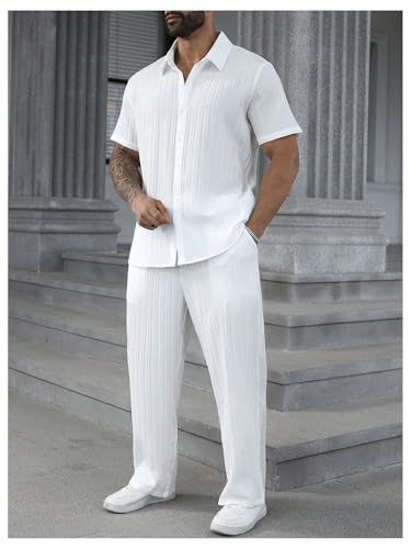 Men's 2 Piece Outfits Big and Tall Short Sleeve Button Down Shirt and Casual Loose Pant Sets3