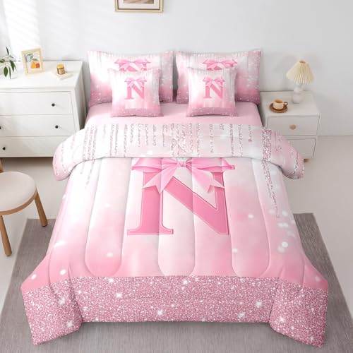 Image of Feelyou Boys Girls Pink Bowknot Bed in A Bag Queen Size, Personalized Initial N 7 Pieces Bedding Set Princess Glitter Comforter Set with Sheets Kids Bow Monogrammed Teens Bed Set Bedroom Decor 7Pcs
