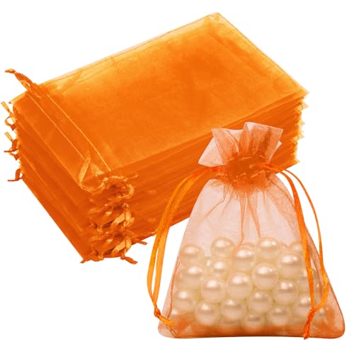 Image of 50PCS Orange Organza Bags 3x4, Small Gift Bags Mesh Drawstring Pouches Mini Sheer Baggies for Jewelry Candy Sachet Goodie Party Favor Bag for Birthday Wedding Graduation Gifts