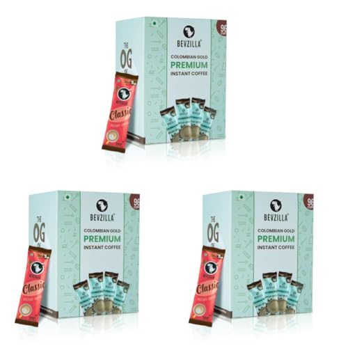 Image of Bevzilla 96 Instant Hot & Cold Coffee Powder Sachets /Pouches (Colombian Gold) - 192 Grams|Arabica Coffee | Best For Espresso, Latte, Cappuccino|Enjoy Hot & Cold (Pack of 3)
