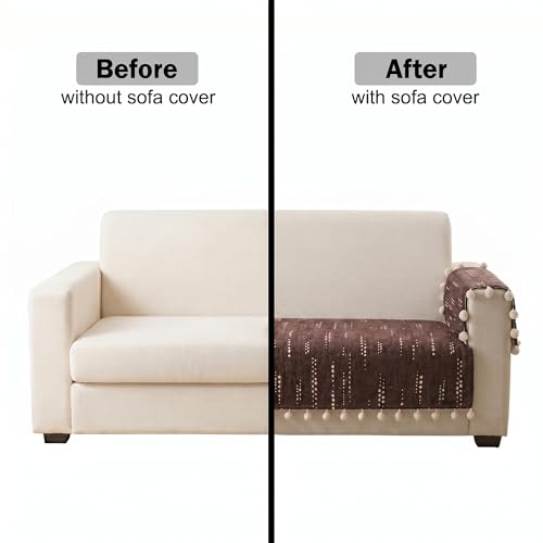 Image of Story@Home Chenille Sofa Mat 76x178Cm & Arm Rest Covers | Anti Slip 3 Seater Sofa Cover for 1 /2 /3 Seater & L Shape Sofa Cover | Measure Your Sofa & Create Your Own Custom Set - Mocha & Ivory
