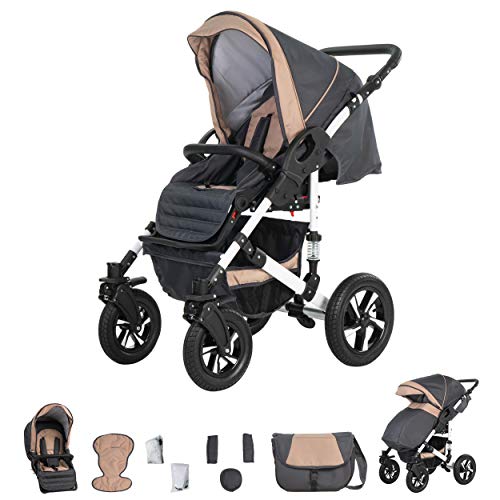 Friedrich Hugo Hamburg | 4 in 1 Kinderwagen Komplettset | ISOFIX Basis | Luftreifen | Farbe: Grey & Beige