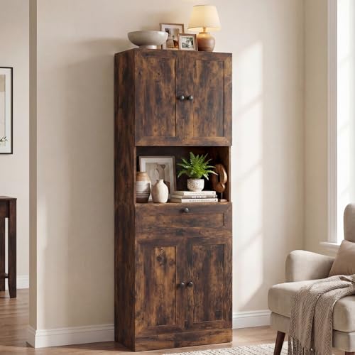 Image of COSTWAY 171.5cm Tall Kitchen Cupboard, 4-Door Pantry Storage Cabinet with Adjustable Shelf, Drawer & Anti-tipping Device, Freestanding Sideboard Organizer Unit for Home Dining Room (Rustic Brown)