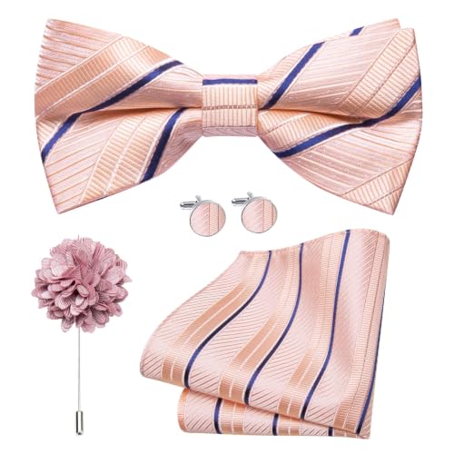Image of Dubulle Mens Paisley Striped Bowtie Set Pre-tied Bowtie for Men and Pocket Square Set Wedding Business
