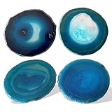 XMHOME Teal Natural Agate Coaster Set Dyed Crystal Stone Cup Coasters Geode for Drinks 3.5-4" with R