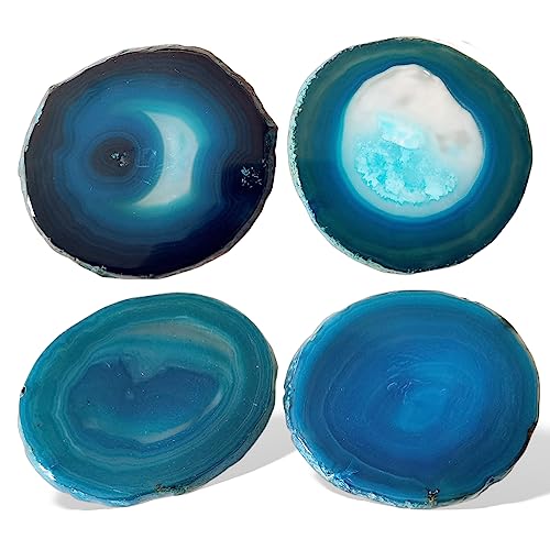 Xmhome Teal Natural Agate Coaster Set Dyed Crystal Stone Cup Coasters Geode For Drinks 3.5-4" With Rubber Bumpers, Coffee, Wine Or Bar Glasses #TOP4