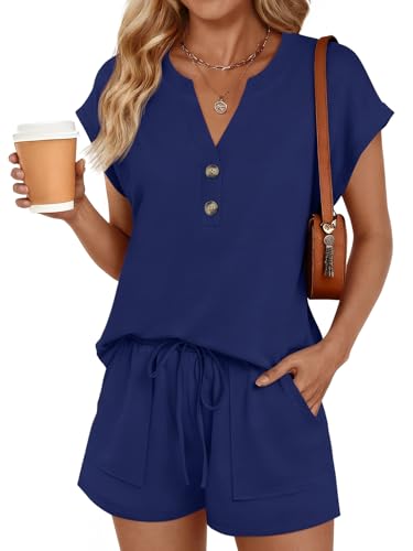 LILLUSORY Womens 2 Piece Summer Short Sets 2026 Vacation Spring Beach Matching Airport Travel Outfits Lounge Wear Sweat Suits Navy L
