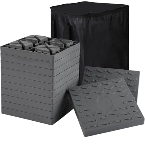Demreal RV Camper Leveling Blocks 12-Pack, Heavy-Duty Interlocking Anti-Slip Stabilizer Blocks with Carry Bag for Car SUV RV Trailer & Motorhome, Gray