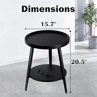 Black Side Table, Modern Side Table 2-Tier, Small Round End Table for Living Room, Metal Frames