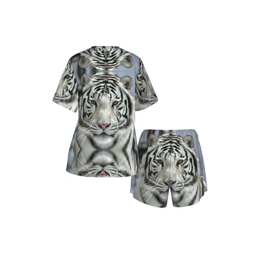 PHAYAH Ensemble de pyjama 2 pièces à motif tigre blanc pour femme, vêtement de nuit doux, décontracté, pyjama court avec poches, Noir , M – vue 5