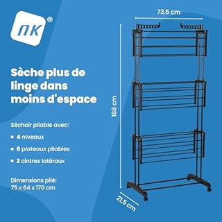 NK Etendoir Linge Interieur-Exterieur Pliable à 4 Niveaux - 6 Plateaux Rétractables + 2 Ailes Latérales avec Support pour Cintres + Porte-Chaussures, roulettes 360°, Couleur Noir (19m de Linge)