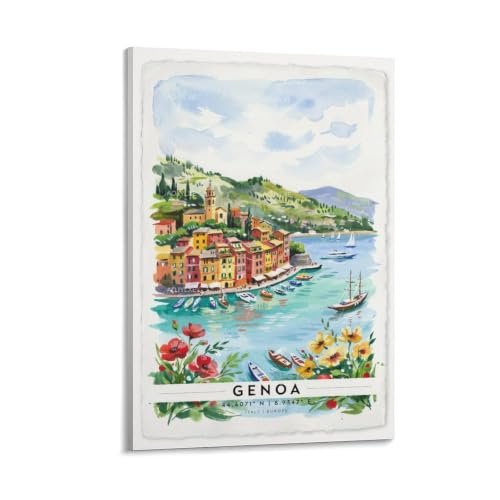 Poster voyage aquarelle Gênes impression paysage urbain vintage 50x75