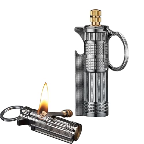 Briquet allumette, briquet à kérosène multifonction en métal, coupe-vent et étanche, design porte-clés, décapsuleur, carburant rechargeable, adapté au camping/randonnée (kérosène non inclus)(Black)