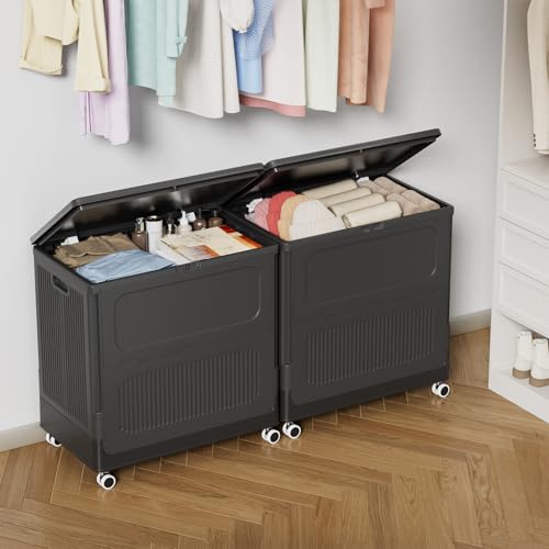 Image of HAIXIN HOME 130L Rolling Laundry Hamper with Lid, Large Plastic Laundry Basket for College Dorm, Foldable Dirty Clothes Hamper Organizer for Industry, Bedroom, Living Room, Bathroom - Black 2 Pack