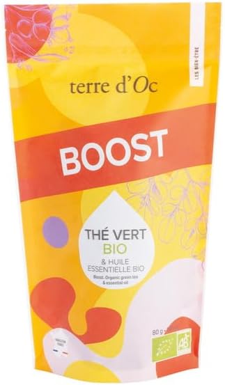 terre d’Oc – Organic Boost Green Tea – Exotic Verbena Essential Oil, Rose hips, Ginger & Guarana – Bulk – 80g
