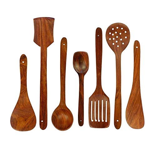 S&J Handmade Wooden Non-Stick Serving and Cooking Spoon Kitchen Tools Utensil, Set of 7