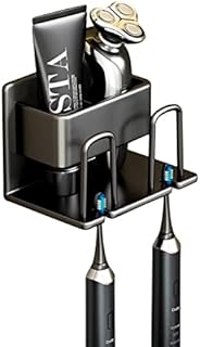 Wall Toothbrush Holder for Bathroom Organiser Aluminum Alloy Toothbrush Holder Wall Mounted Bathroom Caddy Electric Toothbrush Stand with 2 Toothbrush Slots for Toothbrush Toothpaste Razor - Black