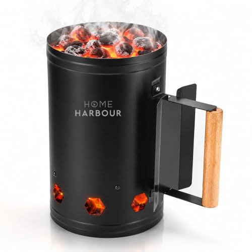 Home Harbour Heatrise BBQ Charcoal Chimney Starter Heavy Duty Steel Charcoal Starter Fast Fire Lighting in 10-15 Minutes Wooden Heat Resistant Handle No Lighter Fluid Required Black 27.5 x 17cm