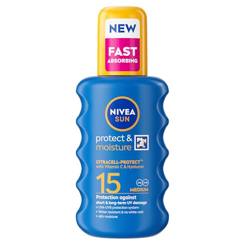 NIVEA SUN Protect & Moisture Sun Spray SPF 15 (200ml) Moisturising Suncream Spray with SPF 15 Highly Effective Sunscreen Providing Immediate UVA + UVB Protection Fast-Absorbing No White Cast