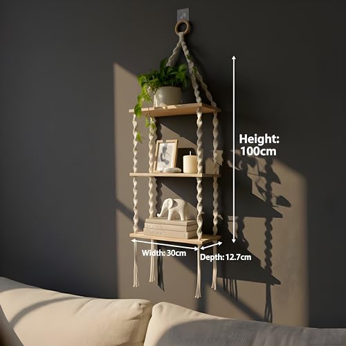 Image of 3-Tier Macrame Wall Hanging Shelf (Includes Mounting Hook) Boho Wooden Floating Shelves for Wall Decor - Handmade Cotton Rope Plant Hanger & Organizer for Living Room, Bedroom, Balcony