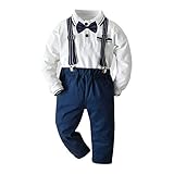 DERCLIVE 2 Stück Kind Junge Mode Anzug Kleidung Langarm Fliege Hemd + Hosenträger + Lange Hosen Weiß + Marineblau