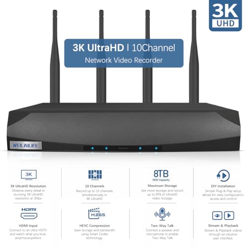 Security Wireless Network Video Recorder NVR System for Home Surveillance/Monitor Camera Systems,Built-in WiFi Recorders,Local Storage,Support 10-Channel, 3K 5MP Work with IP Cameras