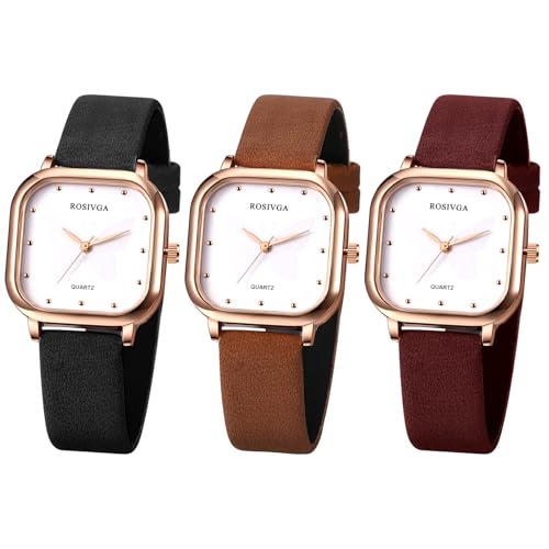 JewelryWe Reloj de pulsera para mujer, correa de piel, elegante, elegante, elegante, diseño sencillo, analógico, de cuarzo, con esfera cuadrada, Mariposa - Juego de 3