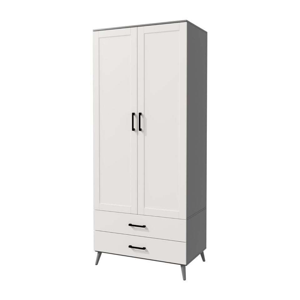 URBNLIVING 180cm White Ash Grey Black Freestanding Wardrobe 2 Door 2 Drawer Shelf Modern Clothes Storage Cupboards Unit for Bedroom Hanging Rail with Wooden Legs
