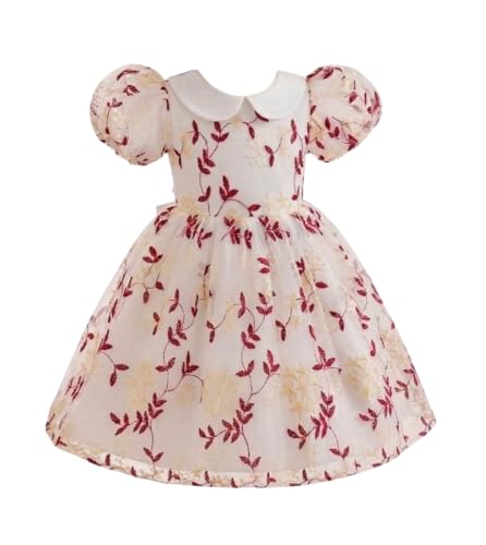 Image of TAGAS Girls Floral Embroidered Party Dress | Puff Sleeve Peter Pan Collar Frock | Elegant Net Princess Dress for Baby Girls | Birthday, Wedding, Ages 2-7 Years | Blue /Red